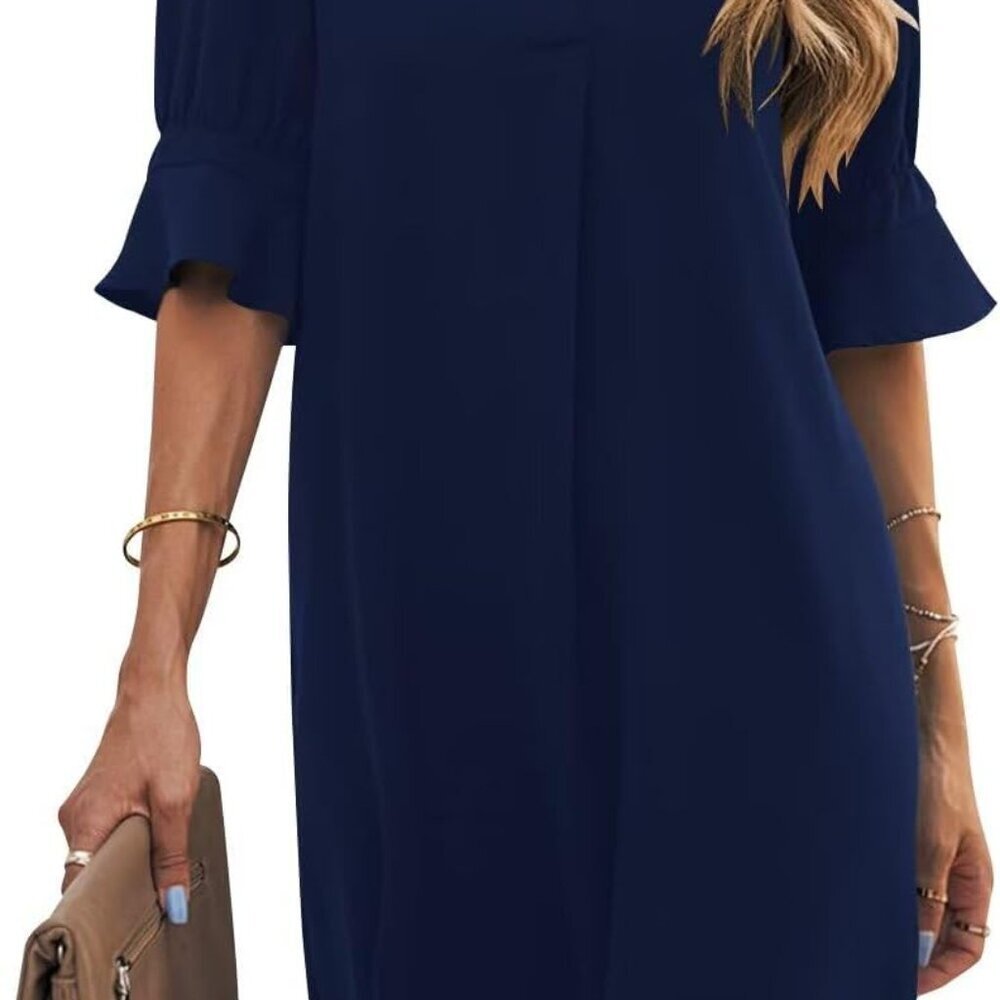 Shift Dress for Women V Neck Short Sleeves Solid Color Casual Flowy Summer Dress